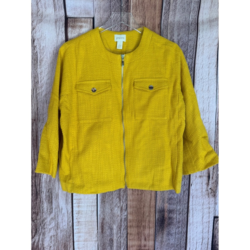Chico's Textured Jacket Glistening Yellow Workwear Fall Preppy Size 2 Large NWT